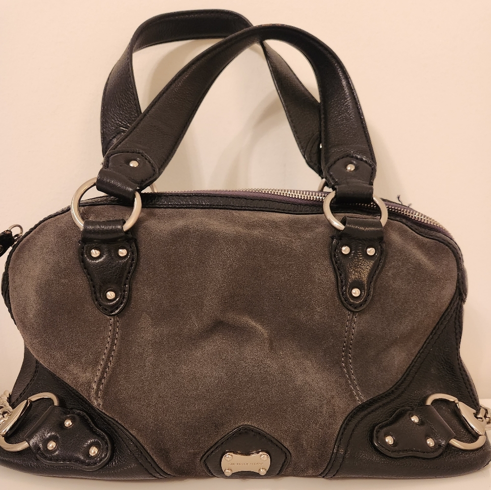 Michael Kors suede and leather top handle bag with silver chain hardware